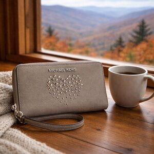 Michael Kors Studded Heart Wristlet Wallet Tan Zip Around Saffiano MK
